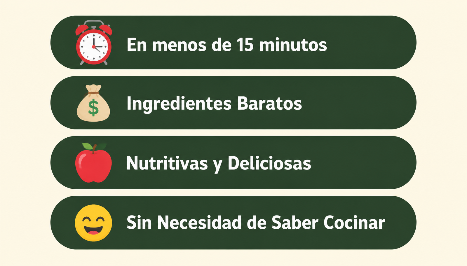 En menos de 15 minutos, ingredientes baratos, nutritivas y deliciosas, sin necesidad de saber cocinar
